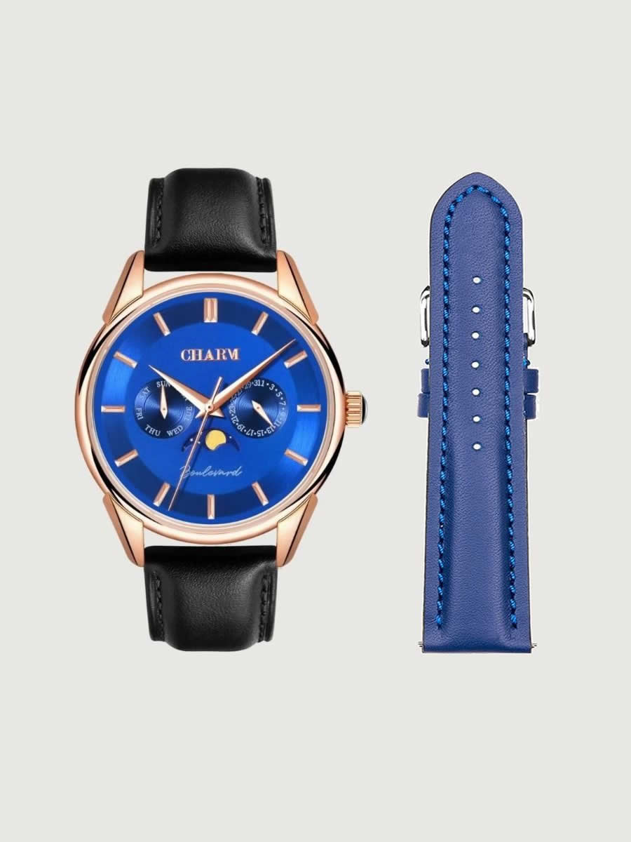 Set Unisex: Ceas Boulevard Primaverii Black + Curea de piele Albastra