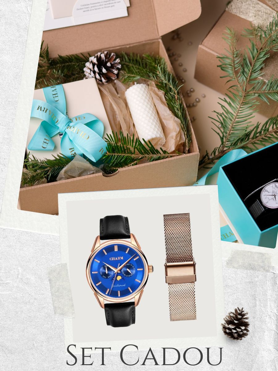 Set Unisex: Ceas Boulevard Primaverii Black + Curea  din otel inoxidabil Rose Gold