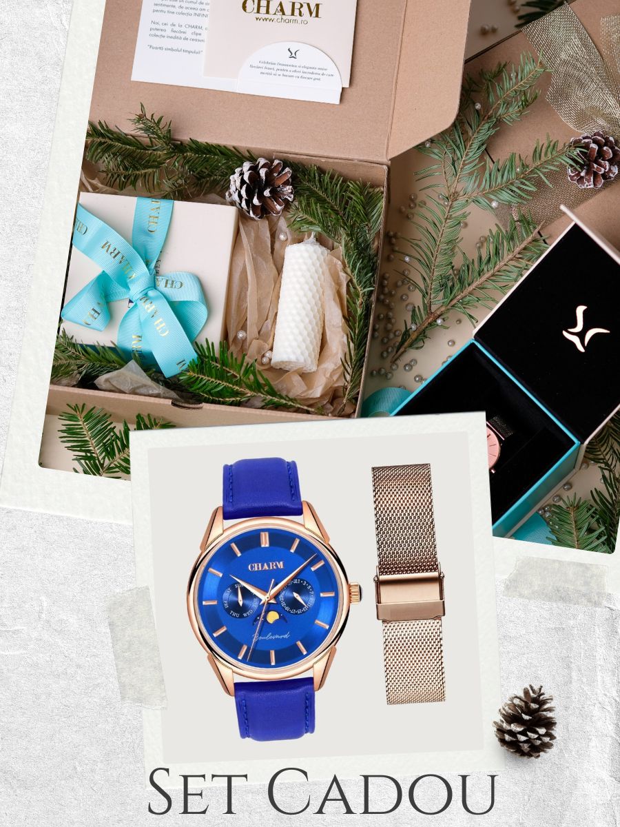 Set Unisex: Ceas Boulevard Primaverii Blue + Curea  din otel inoxidabil Rose Gold