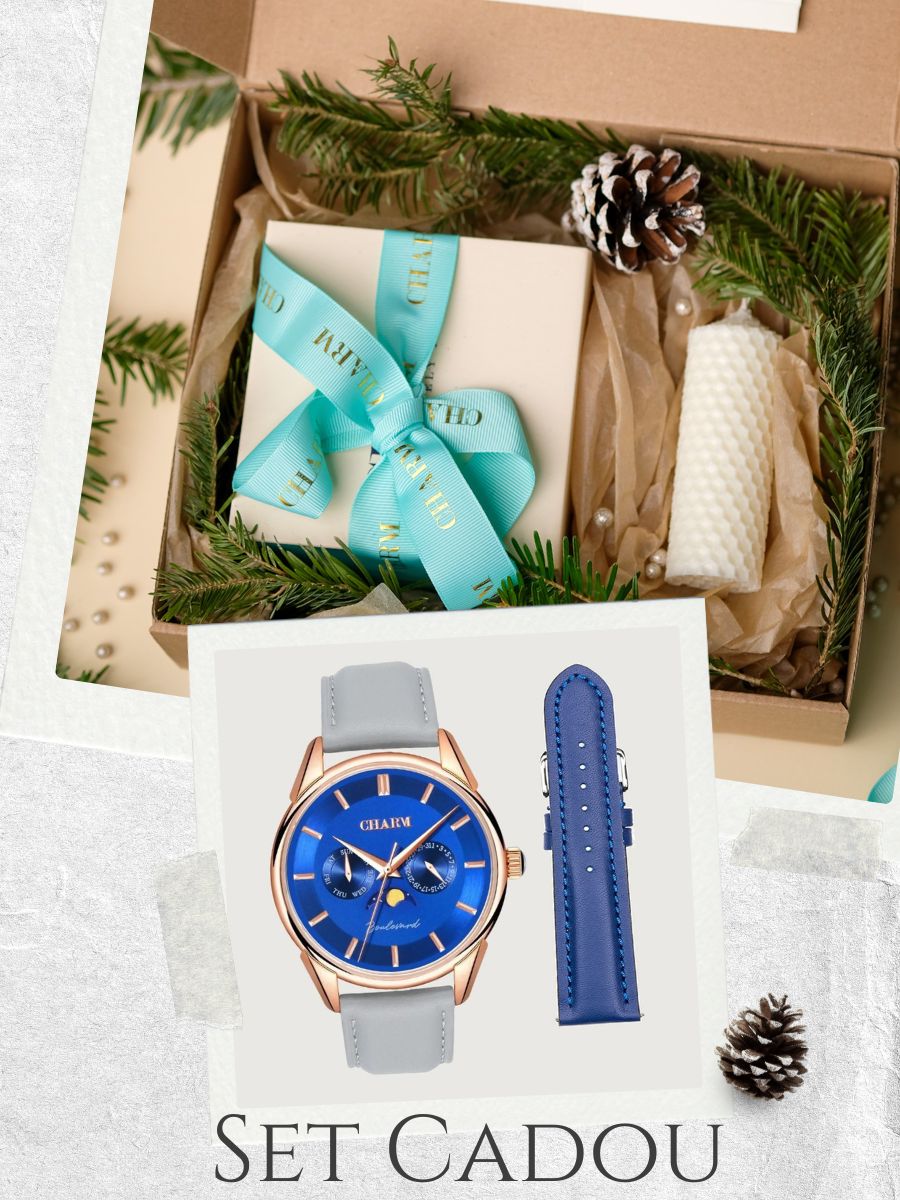 Set Unisex: Ceas Boulevard Primaverii Grey + Curea de piele Albastra