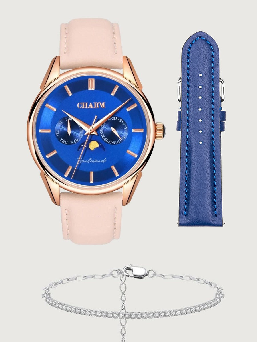 Set Unisex : Ceas Boulevard Primaverii Nude Rose + Curea de piele Albastra
