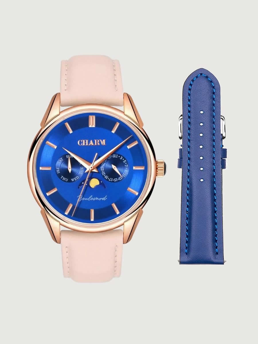 Set Unisex : Ceas Boulevard Primaverii Nude Rose + Curea de piele Albastra