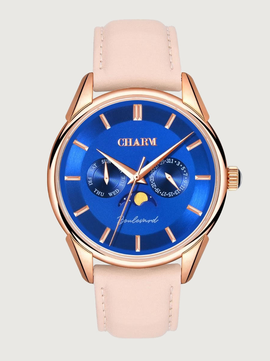 Set Unisex : Ceas Boulevard Primaverii Nude Rose + Curea de piele Albastra