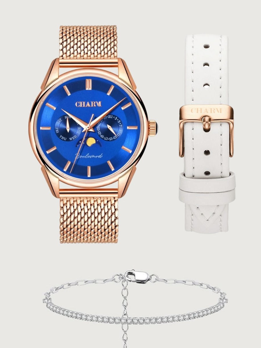 Set Unisex: Ceas Boulevard Primaverii Rose Gold + Curea de piele Alba