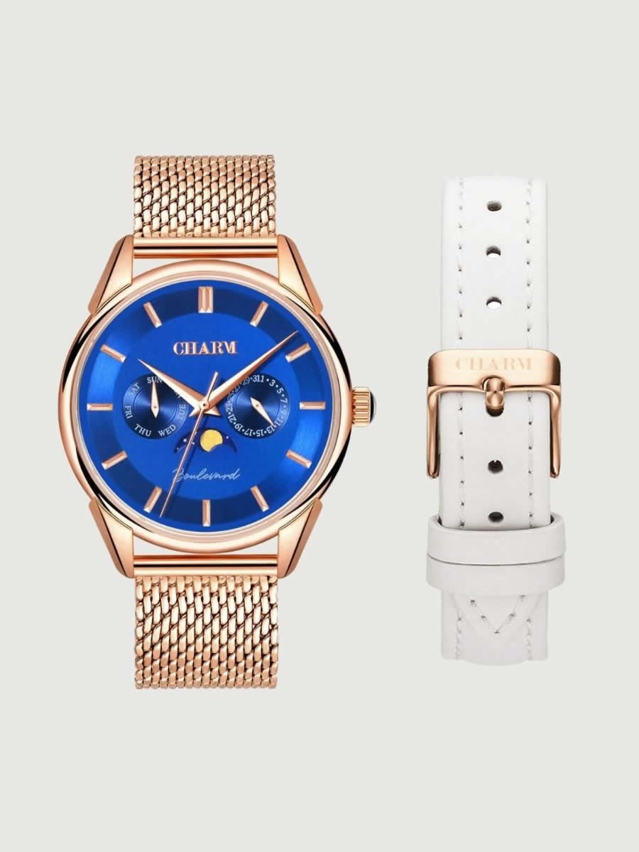 Set Unisex: Ceas Boulevard Primaverii Rose Gold + Curea de piele Alba