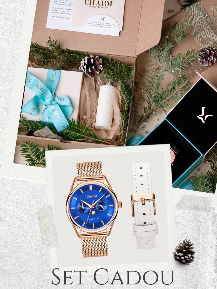 Set Unisex: Ceas Boulevard Primaverii Rose Gold + Curea de piele Alba