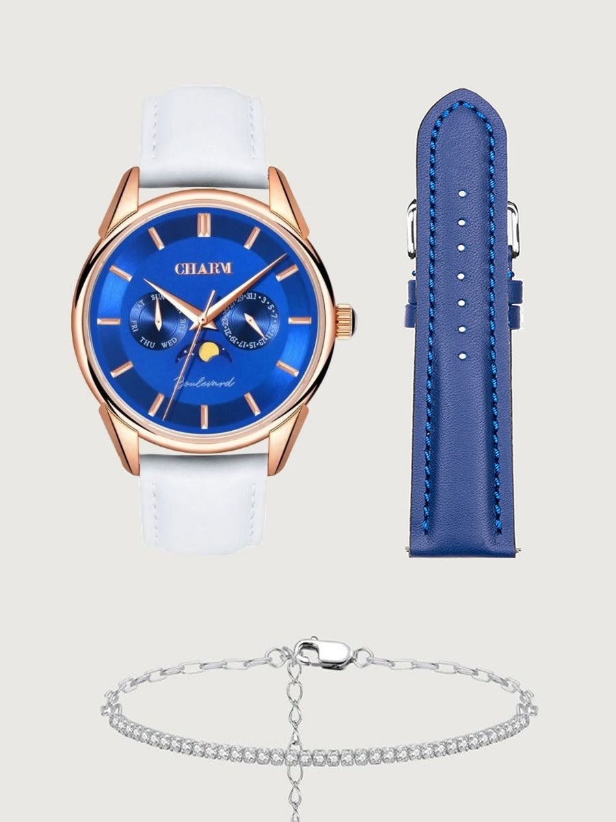 Set Unisex: Ceas Boulevard Primaverii White + Curea de piele Albastra