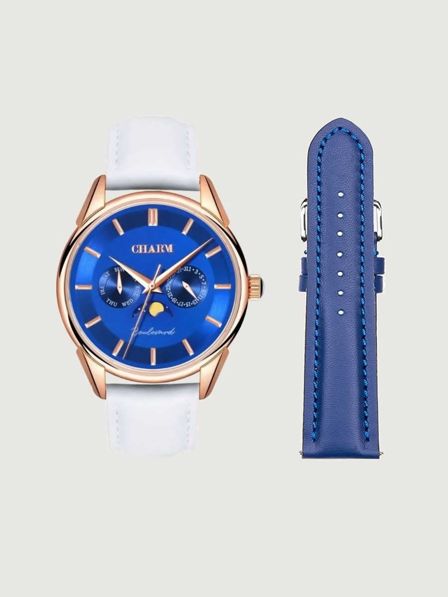 Set Unisex: Ceas Boulevard Primaverii White + Curea de piele Albastra
