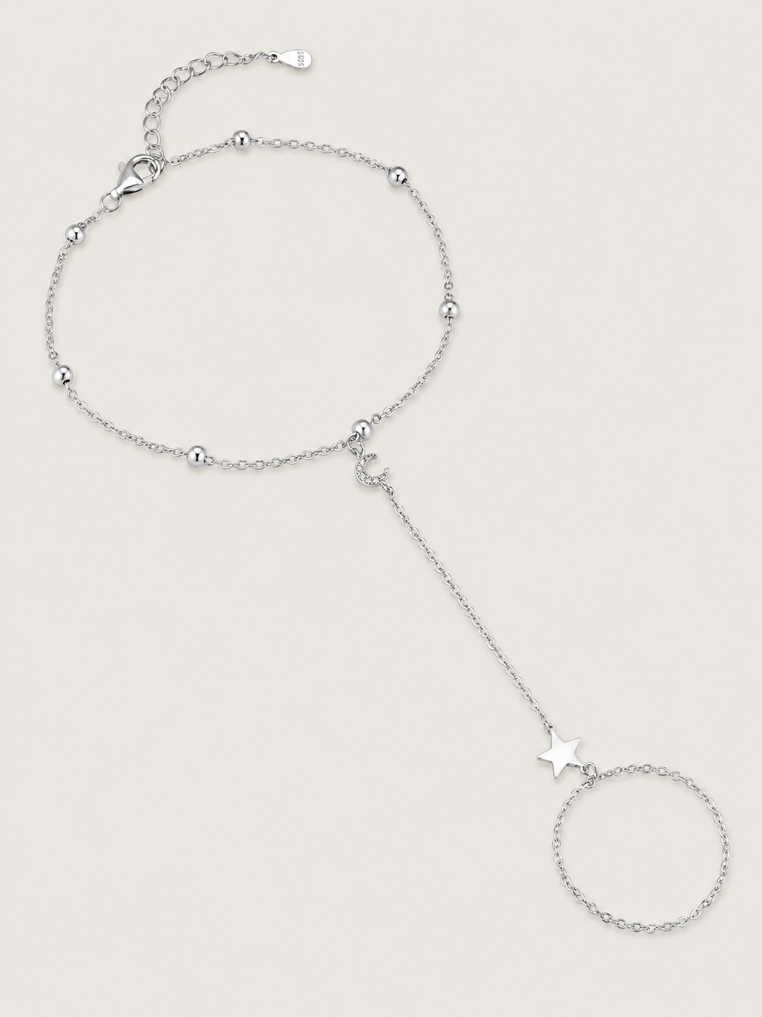 Brățară din argint 925 cu lună și stea tip hand chain Celestial Moon & Star