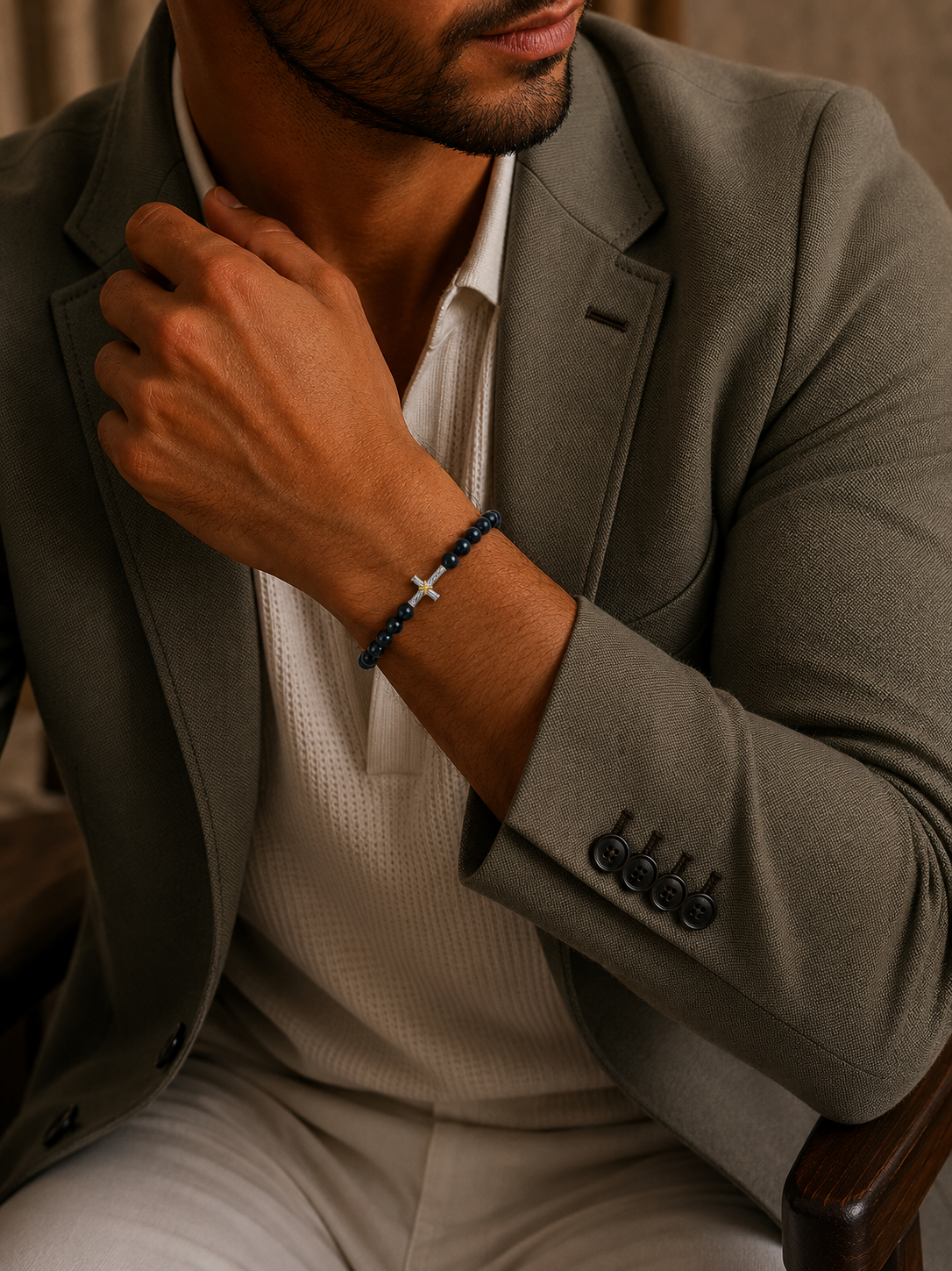 Bratara din argint cu blue tiger eye si cruce pentru barbati model Skyfall Cross la mana