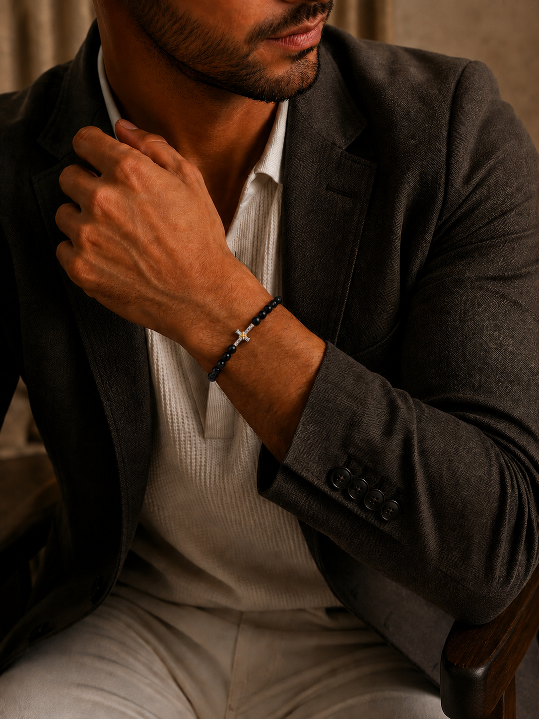 Bratara din argint cu blue tiger eye si onix mat cu cruce pentru barbati model Midnight Cross la mana
