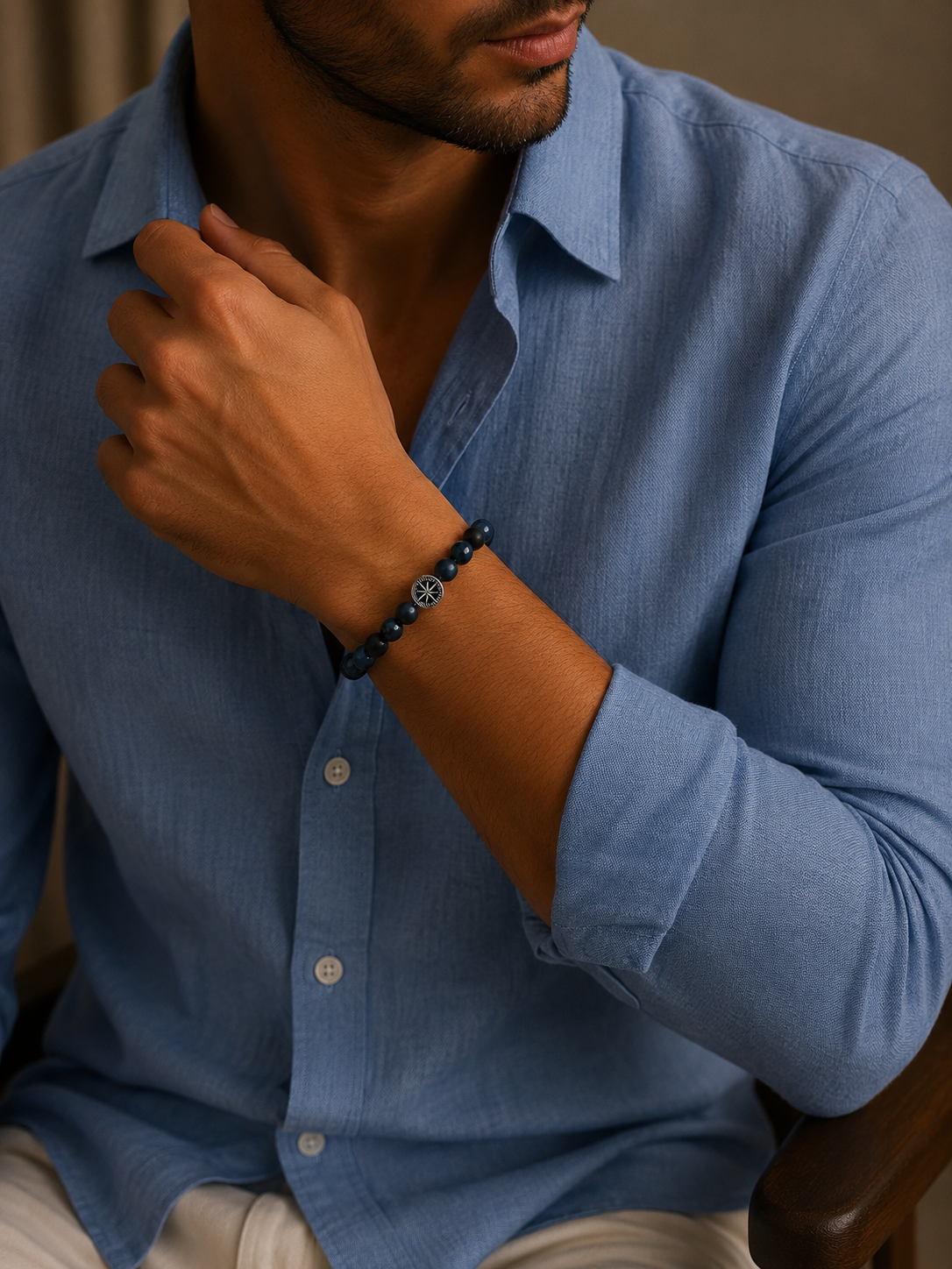 Bratara din argint cu blue tiger eye si onix mat pentru barbati model Midnight Compass la mana