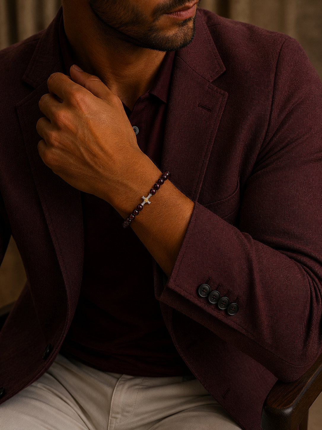 Bratara din argint cu red tiger eye si cruce pentru barbati model Crimson Cross la mana