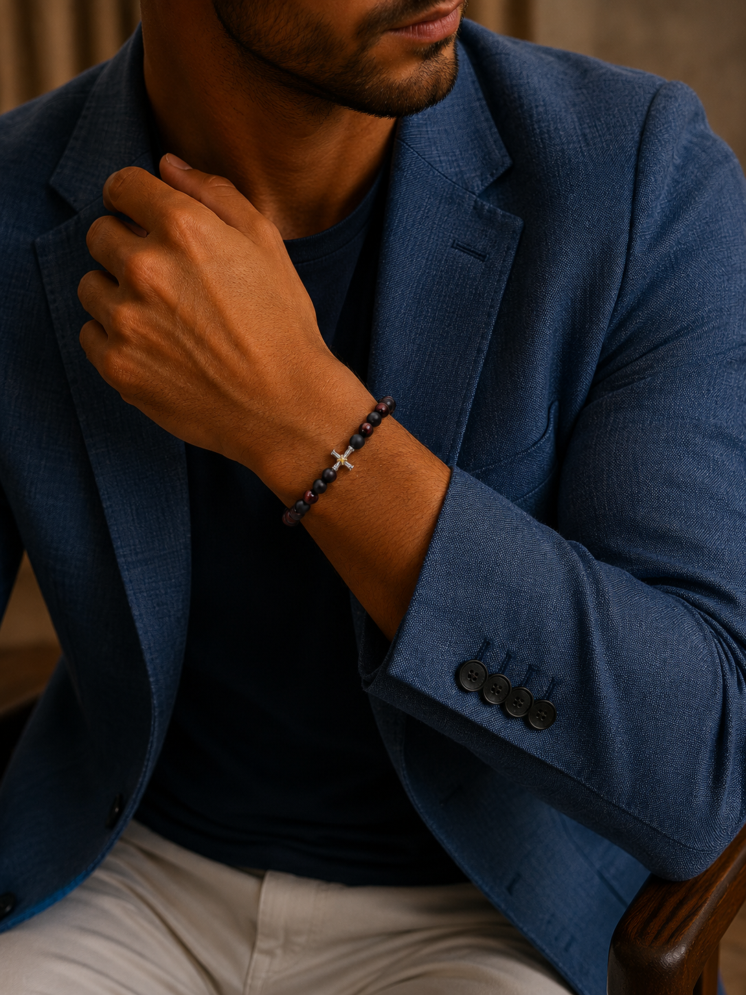 Bratara din argint cu red tiger eye si onix mat cu cruce pentru barbati model Ember Cross la mana
