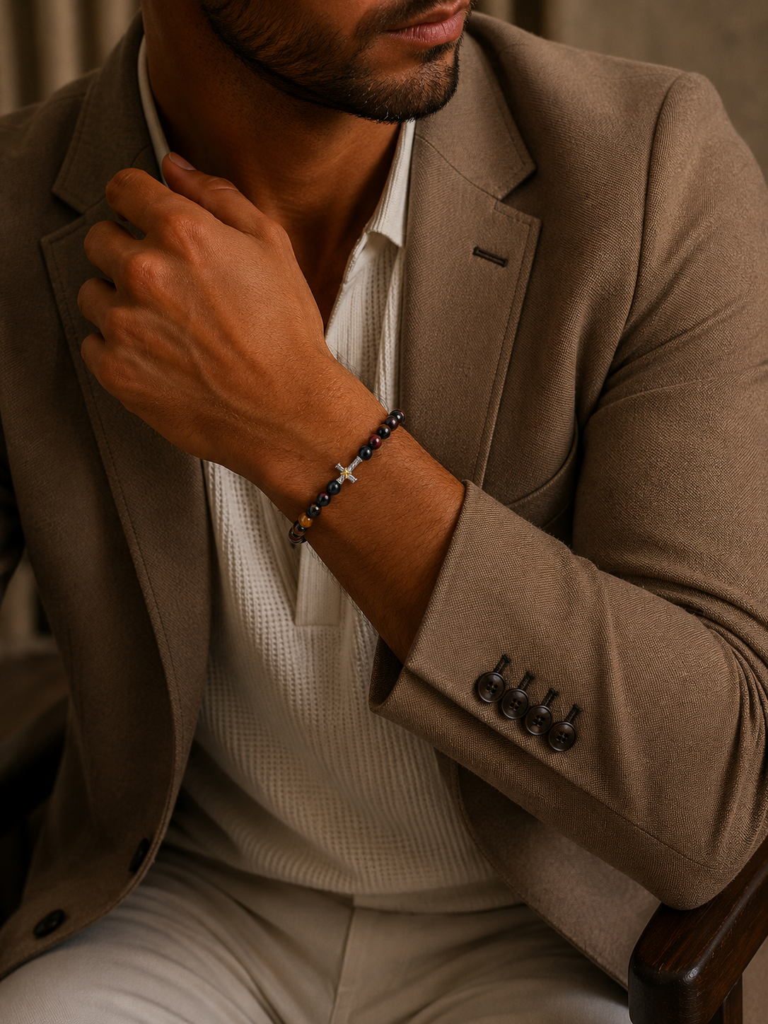 Bratara din argint cu tiger eye multicolor si cruce pentru barbati model Spectrum Cross la mana