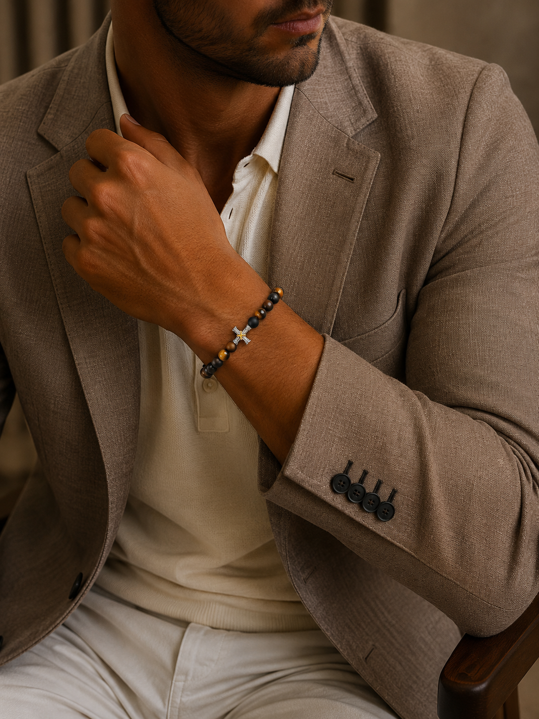 Bratara din argint cu tiger eye si onix mat cu cruce pentru barbati model Solar Cross la mana