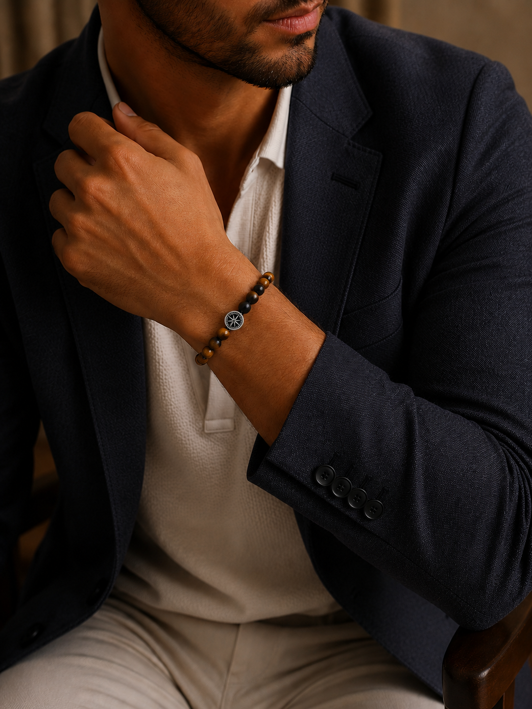 Bratara din argint cu tiger eye si onix mat pentru barbati model Solar Compass la mana
