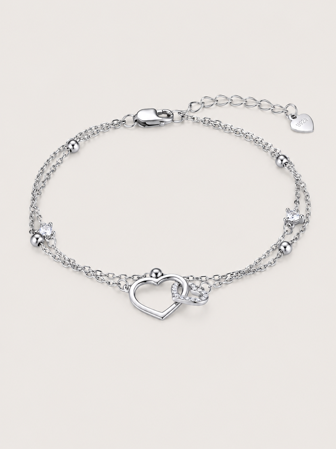 Brățară din argint 925 Double Heart cu două inimi și zirconii