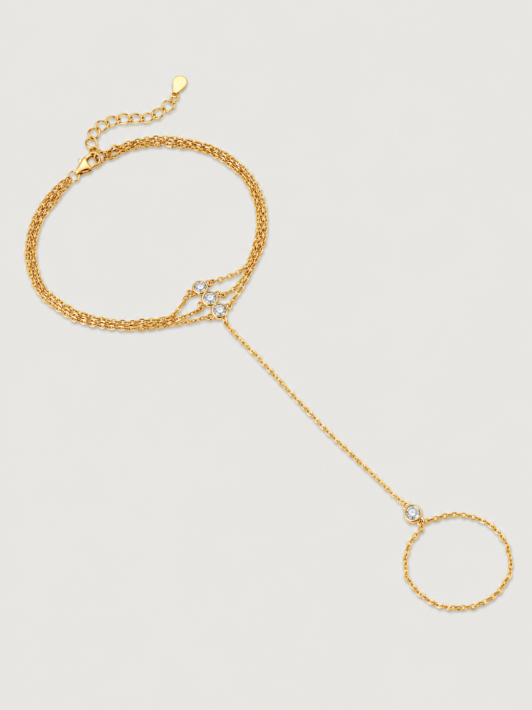 Brățară din argint 925 placată cu aur 14K tip hand chain cu zirconii 5A Sparkle Trio