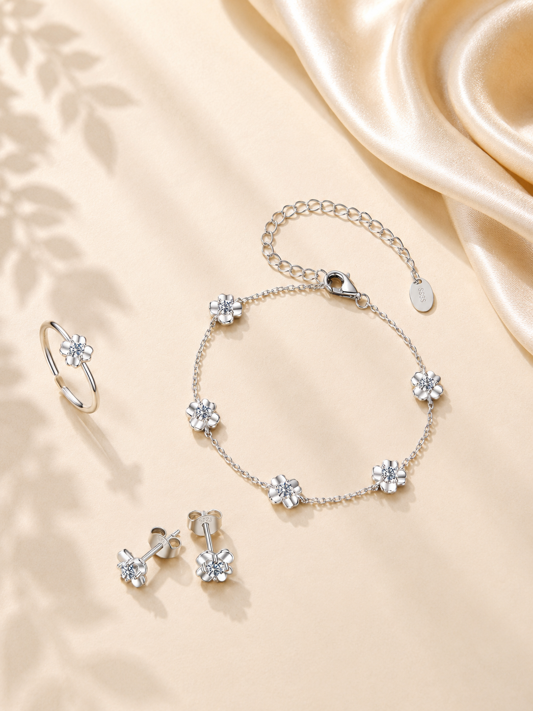 Brățară florală din argint potrivită pentru layering elegant inel , cercei 