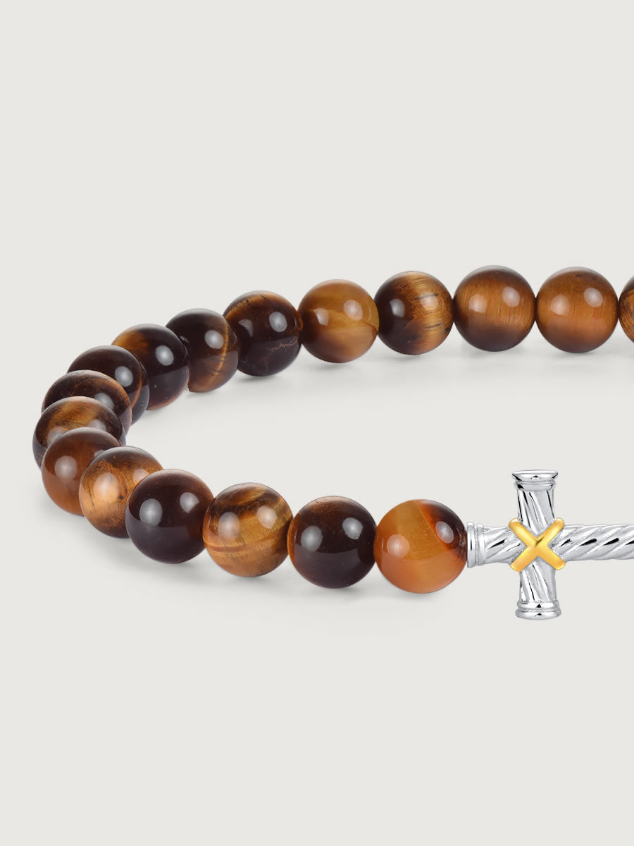 Detaliu bratara tiger eye cu cruce argint 925
