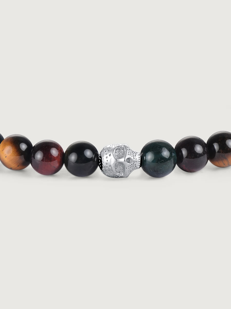 Detaliu bratara tiger eye multicolor cu craniu argint 925