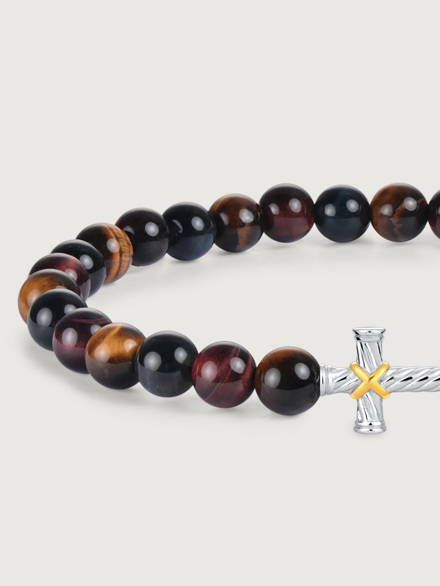 Detaliu bratara tiger eye multicolor cu cruce argint 925