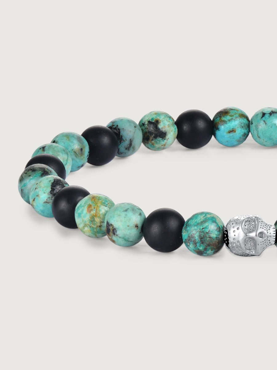 Detaliu bratara turcoaz african si onix cu craniu argint 925