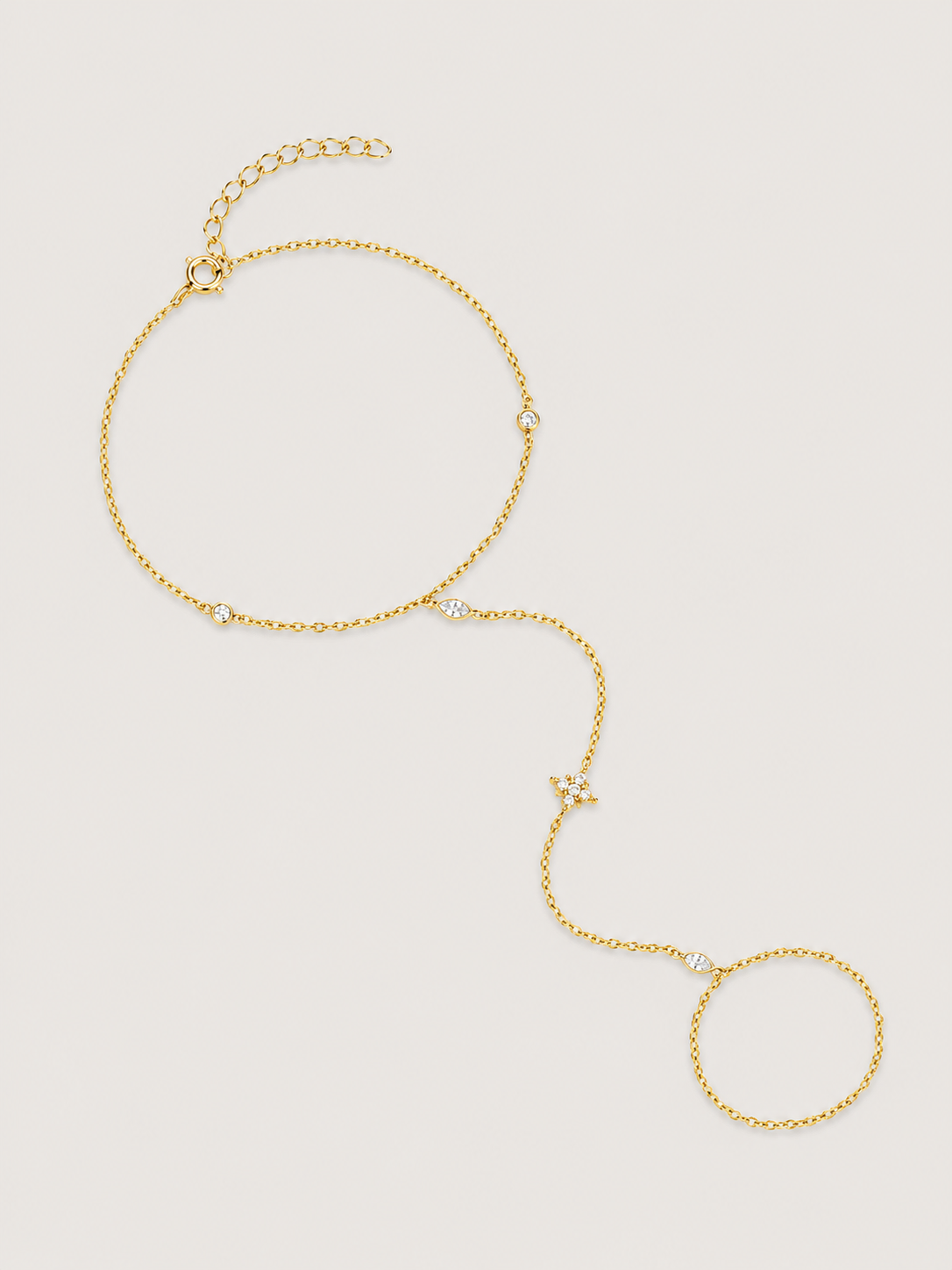 Brățară hand chain aurie cu floare și zirconii