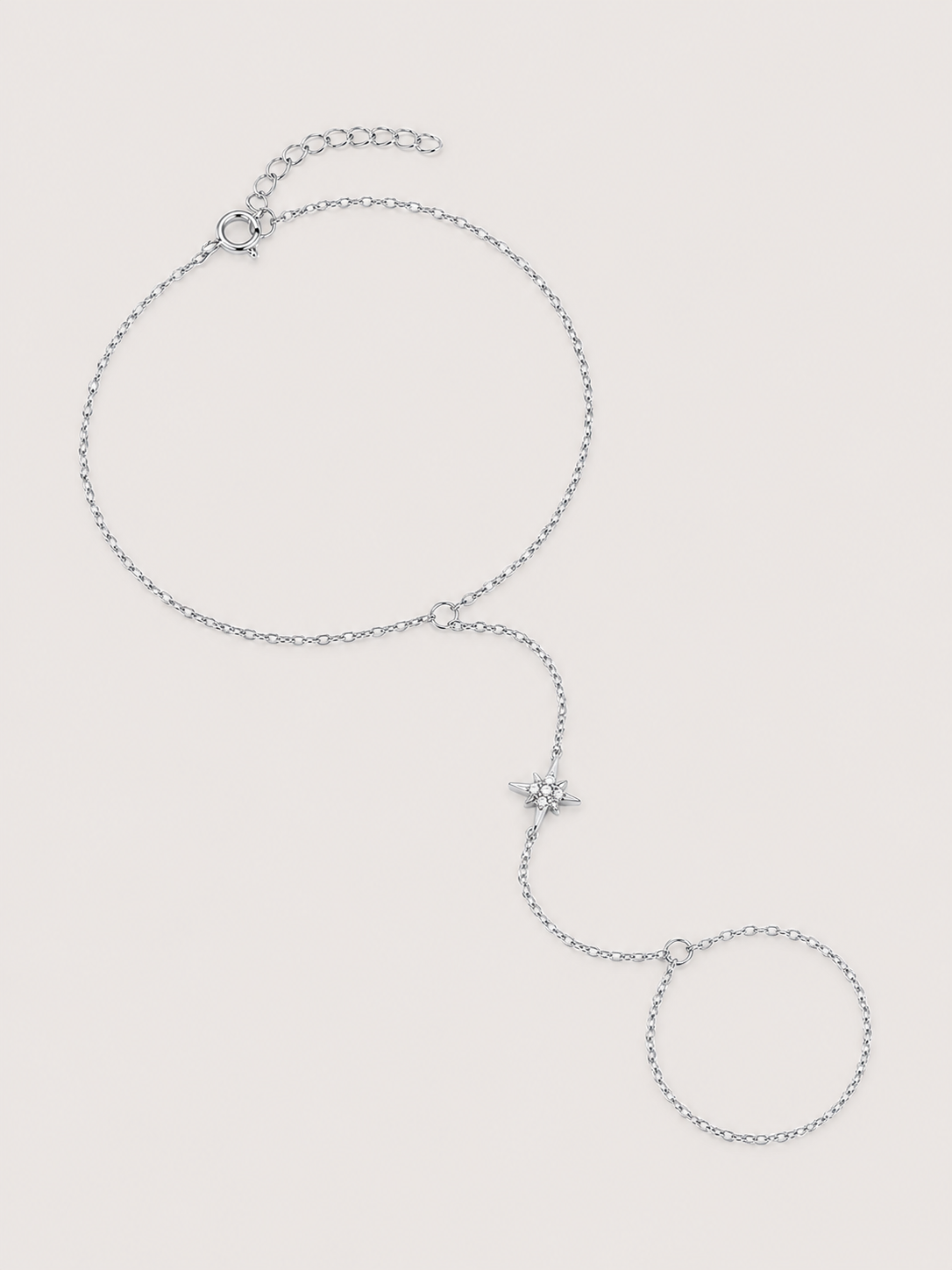 Brățară hand chain argintie cu stea și zirconii