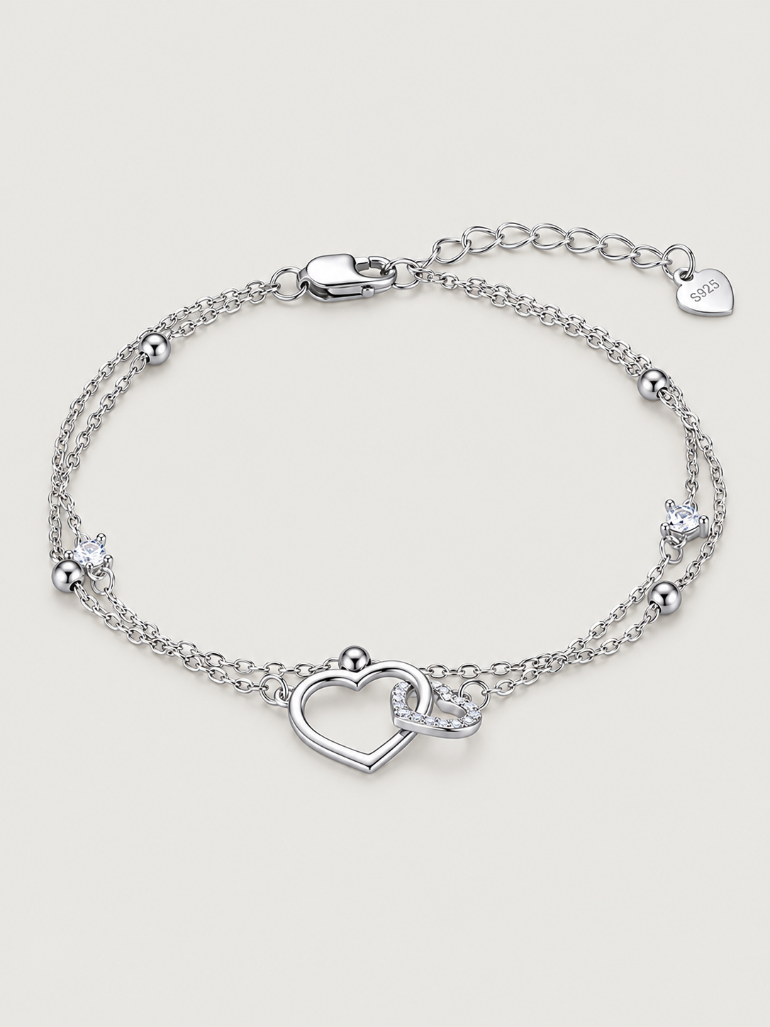 Brățară din argint 925 Double Heart cu două inimi și zirconii