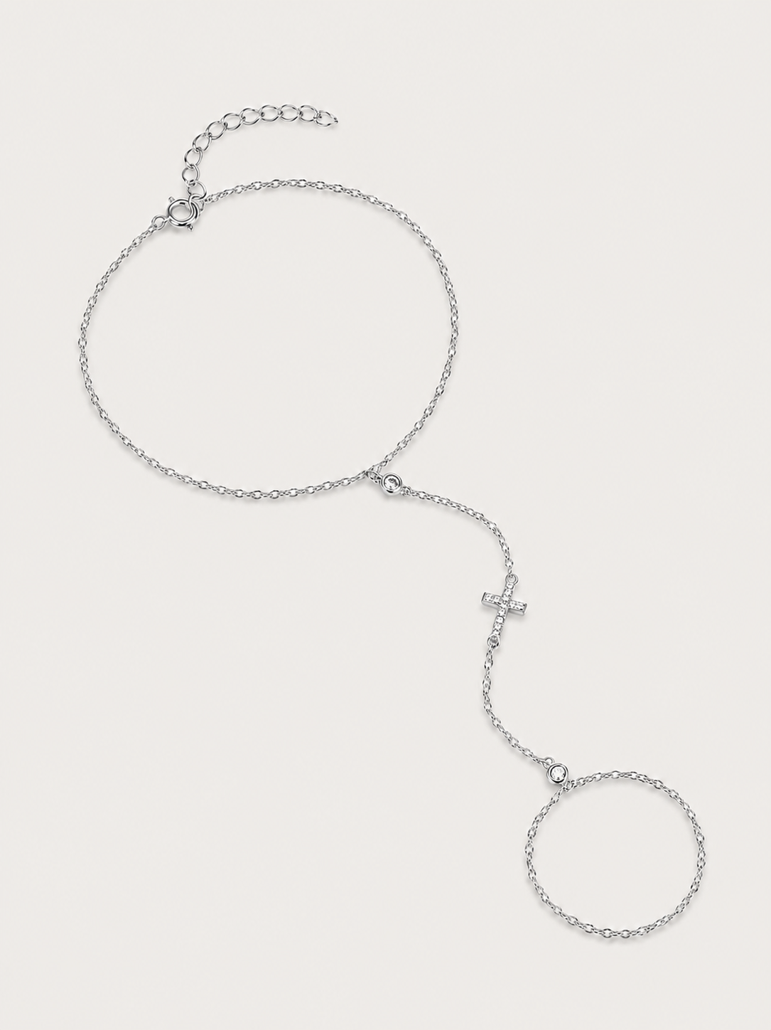Brățară hand chain argintie cu cruce și zirconii