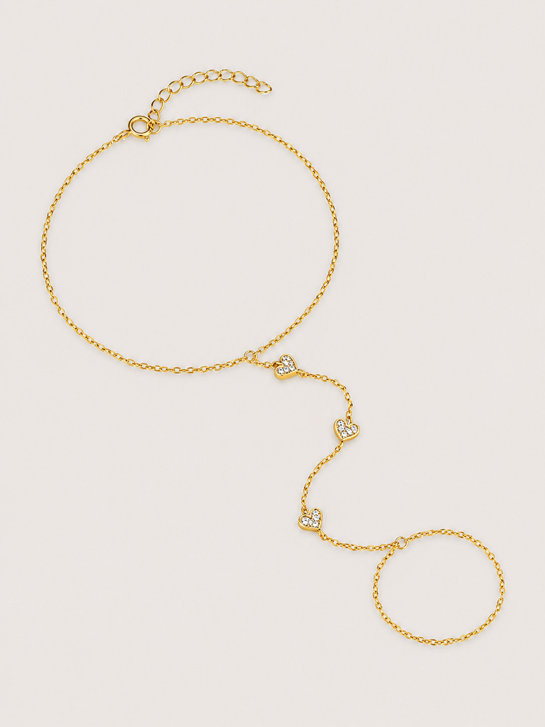 Brățară hand chain argintie cu inimioare și zirconii