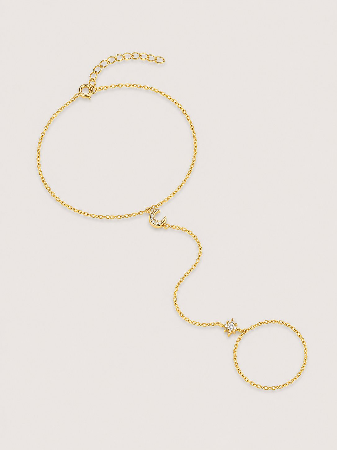 Brățară hand chain cu lună și stea aurie