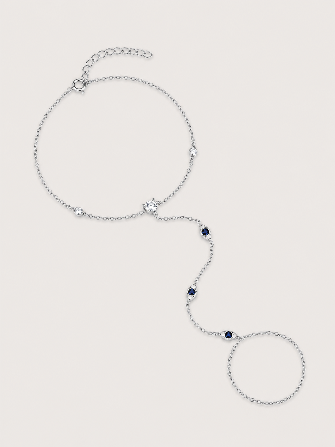 Brățară hand chain argintie cu zirconii albastre