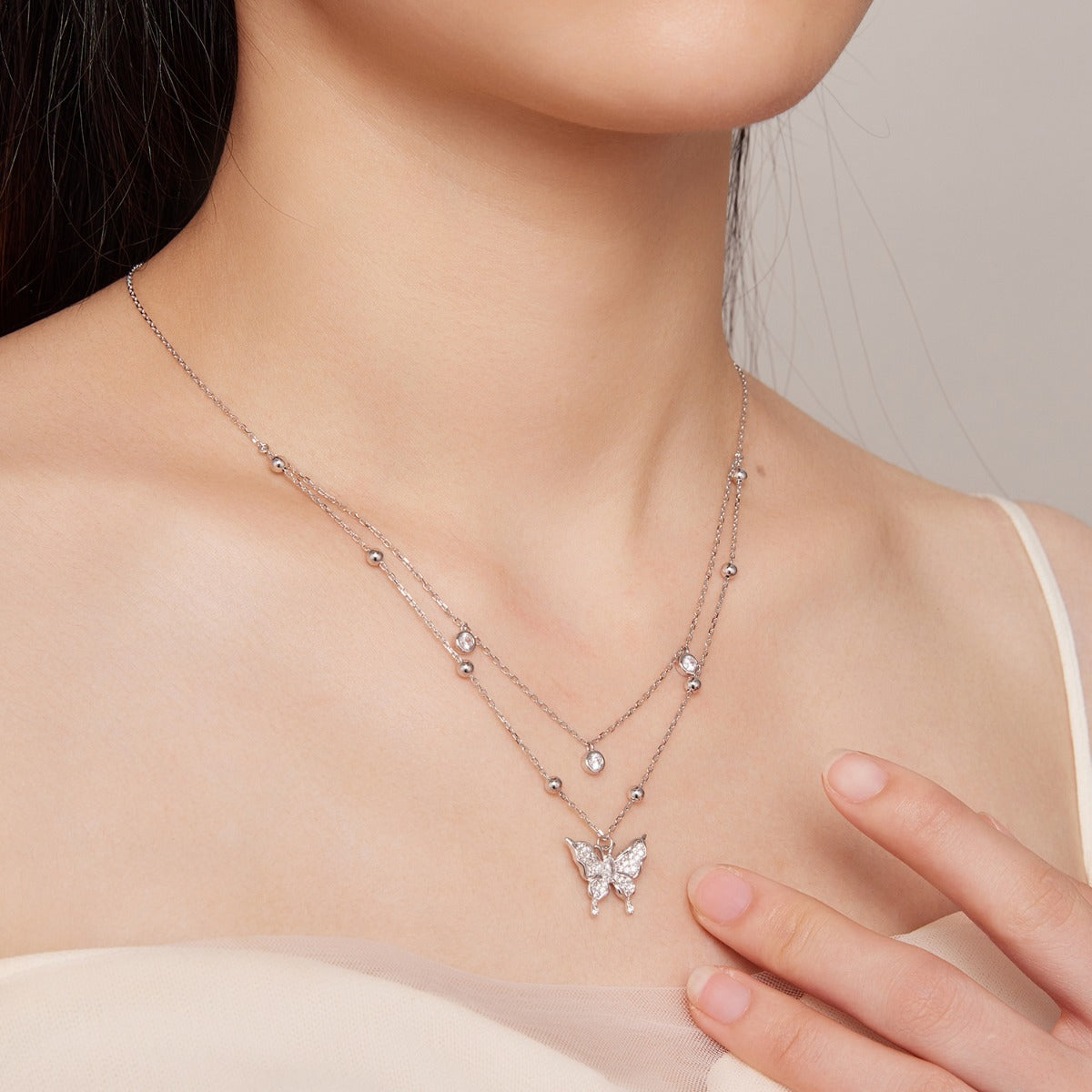 Pandantiv cu Lantisor din Argint Double Layer Butterfly