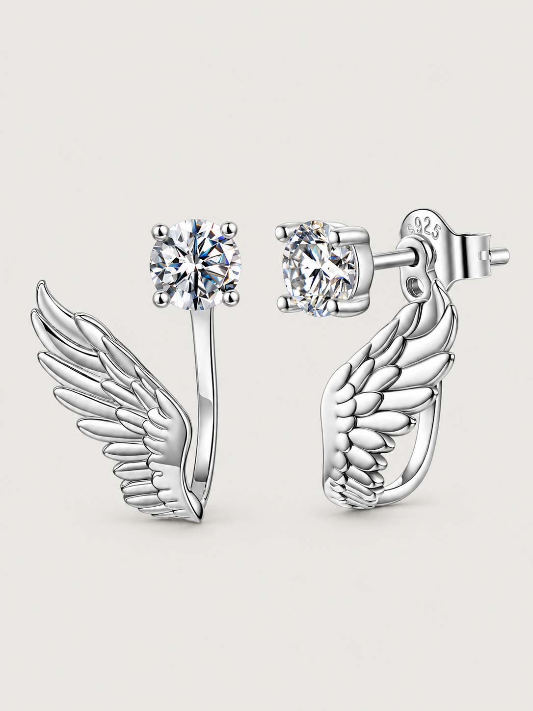 Cercei din argint 925 Moissanite Angel Wing design aripi asimetric