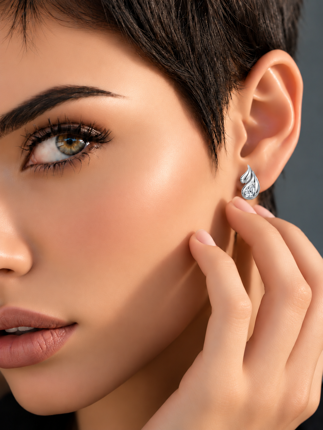 Cercei din Argint Moissanite Silver Flame Drop pe model de aproape