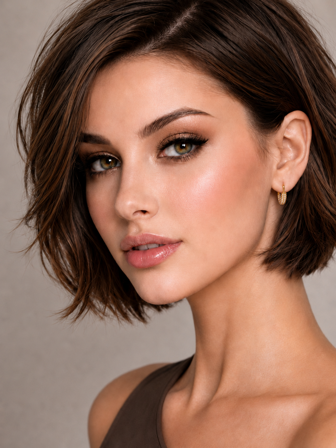 Cercei aurii tip hoop cu zirconii pavé pe model de aproape
