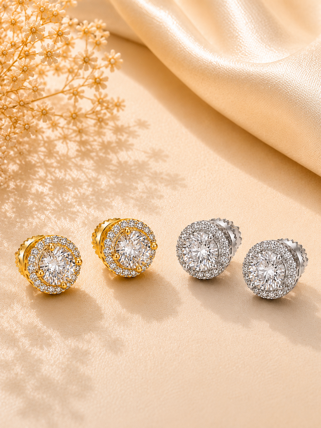 Cercei halo cu aspect de diamant aurii si argintii