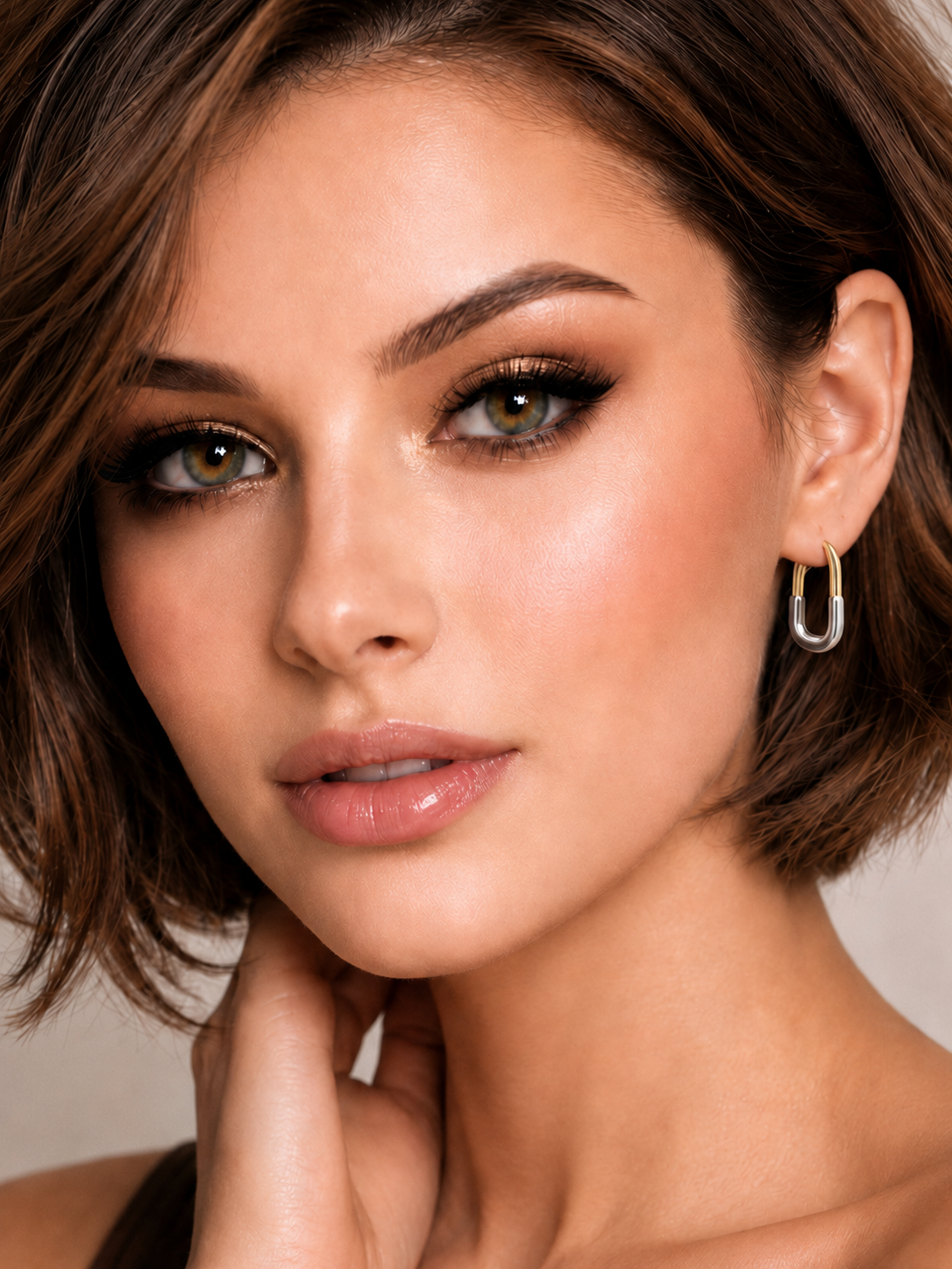 Cercei ovali bicolor moderni tip hoop pe model de aproape