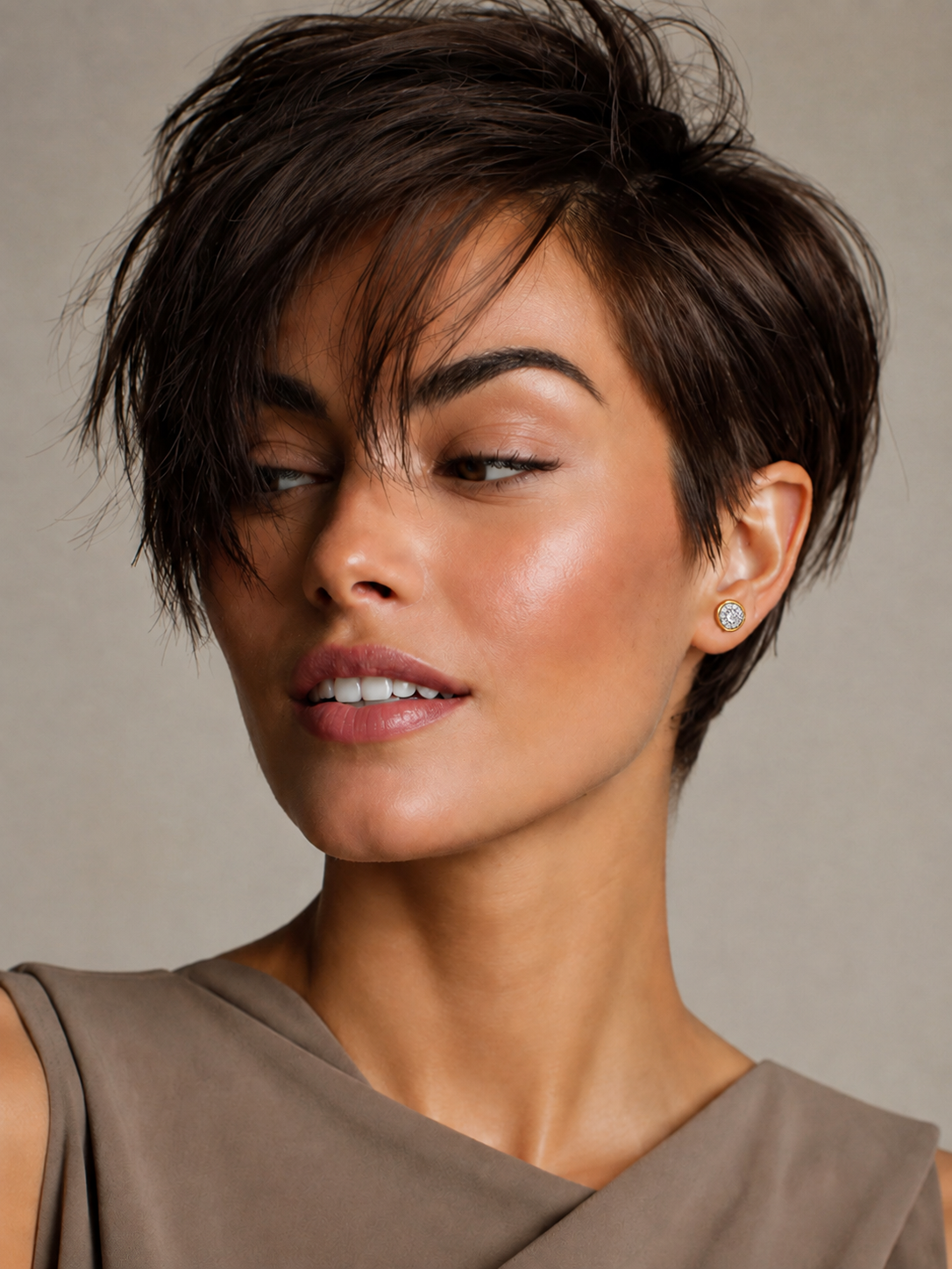 Cercei stud aurii rotunzi cu design halo pe model