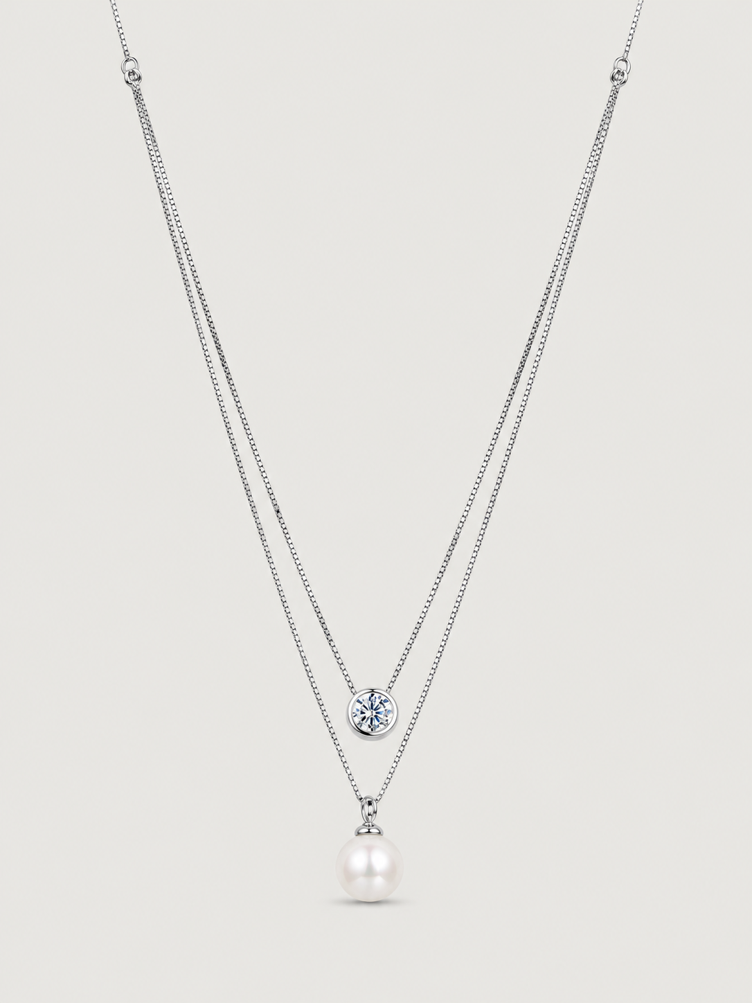 Colier dublu din argint cu perlă și moissanite