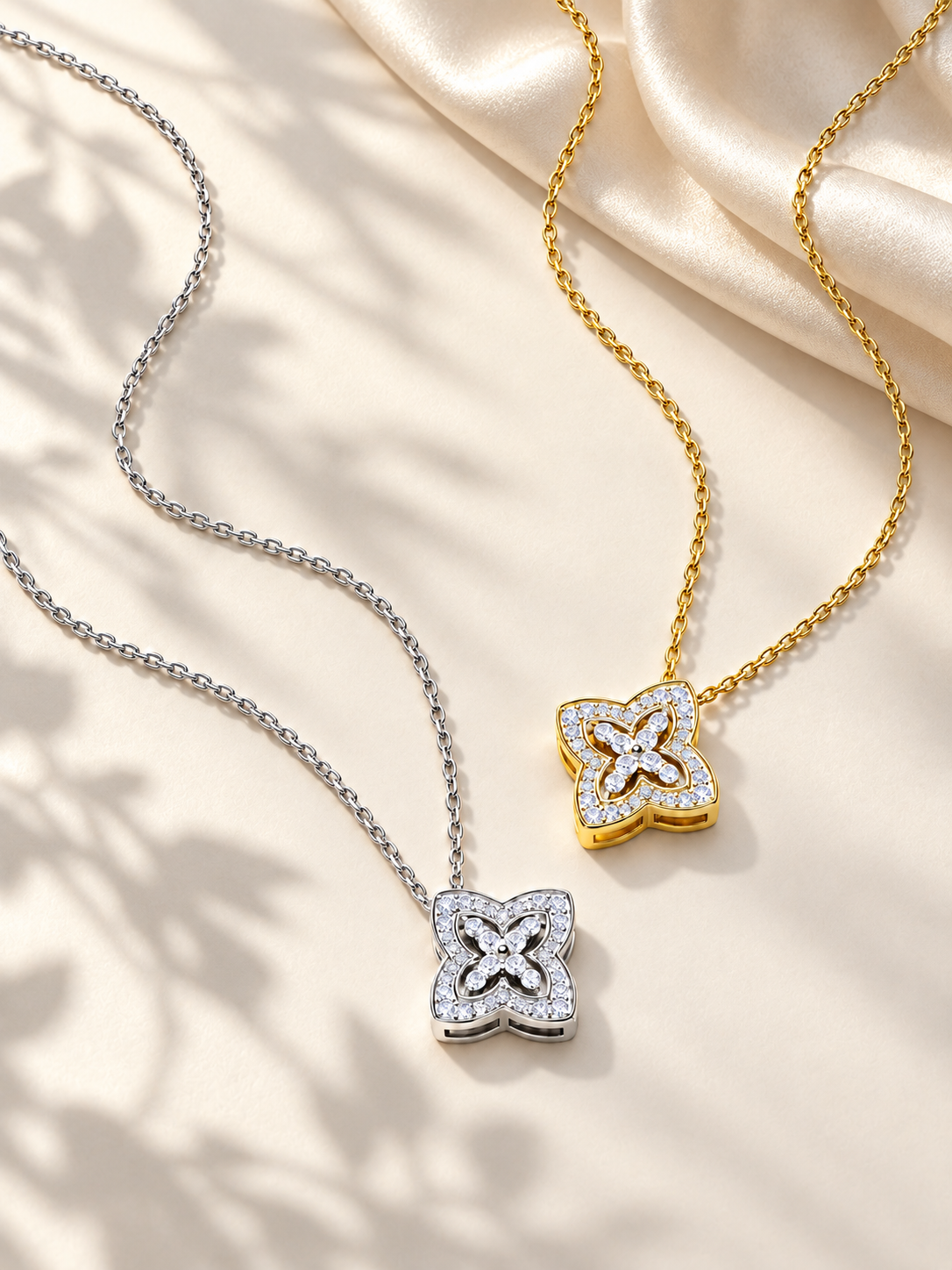 Colier Floral Modern Auriu si Argintiu cu Moissanite