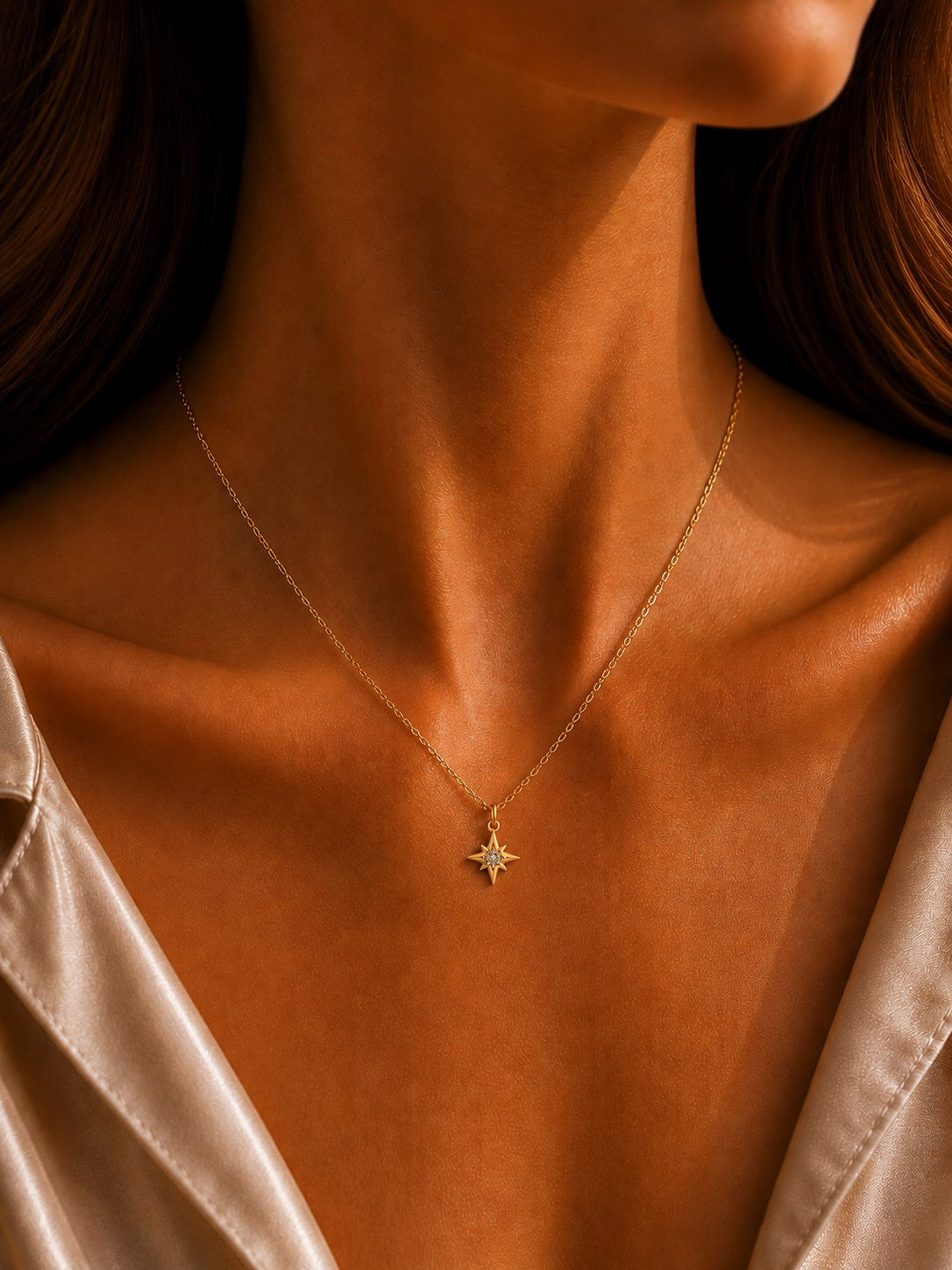 Colier stea din argint 925 aurit Gold Stellar North Star cu zirconiu central la gat