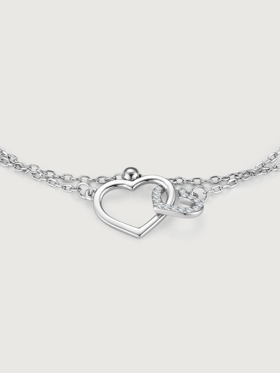 Detaliu inimă cu zirconii brățară Double Heart din argint
