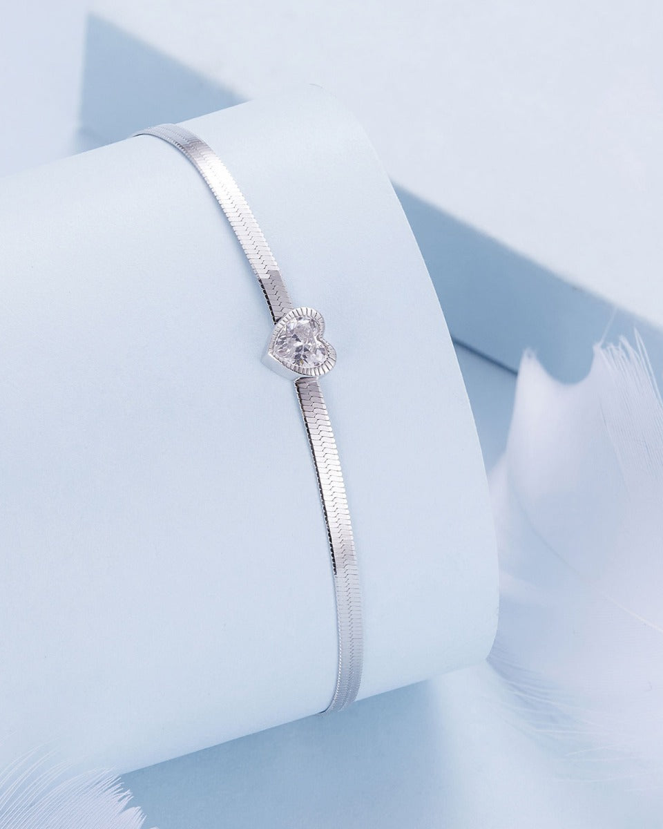 Detaliu inimă cu zirconiu 5A brățară din argint tip snake chain