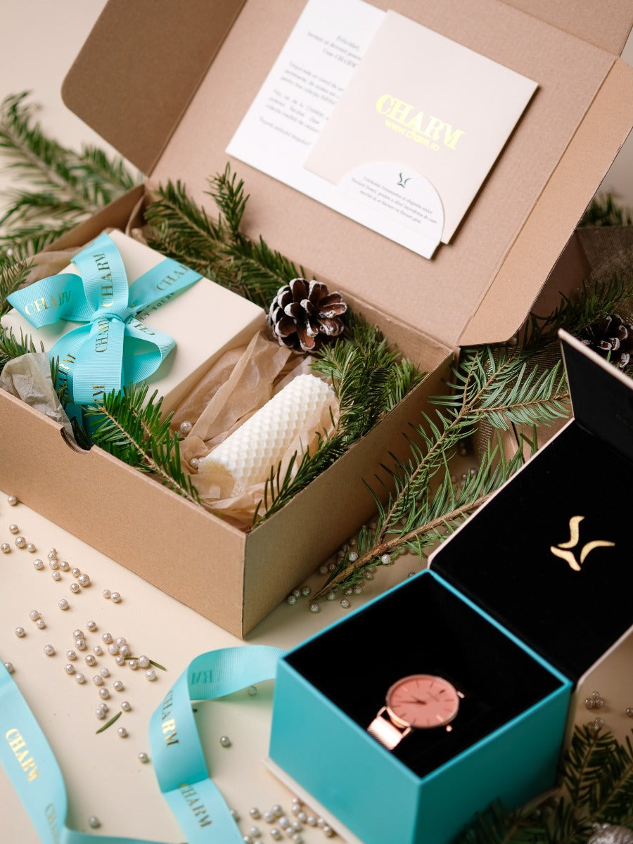 Set Cadou : Ceas Infinity Flora Grey + Curea din otel inoxidabil Rose Gold