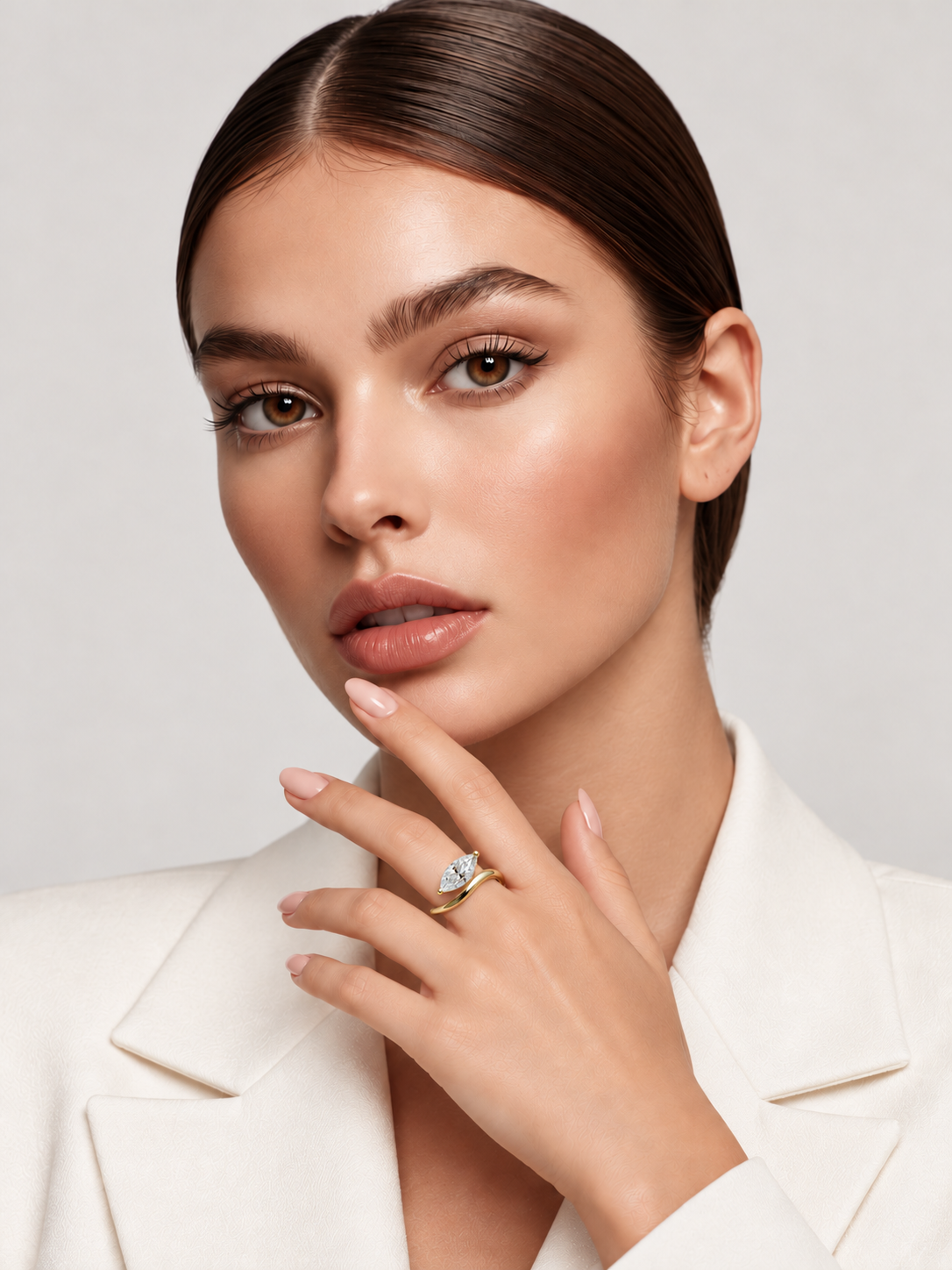 Inel din Argint Moissanite Gold Marquise Flow pe model