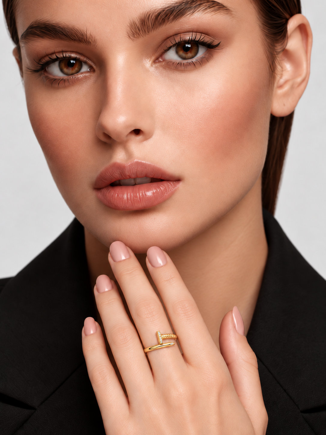 Inel din Argint Moissanite Gold Nail Glow pe model de aproape